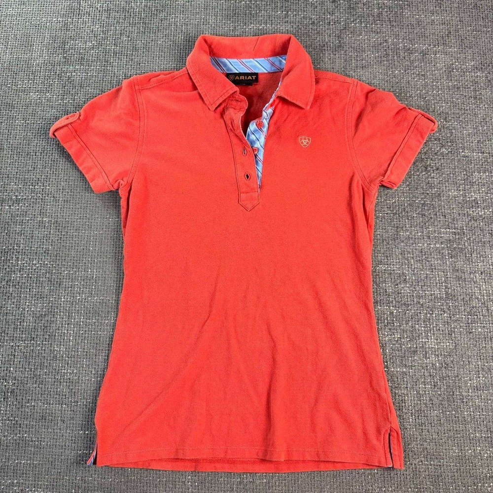 Ariat Short Sleeve Polo Shirt Womens Small Coral Red Equestrian Logo Pique